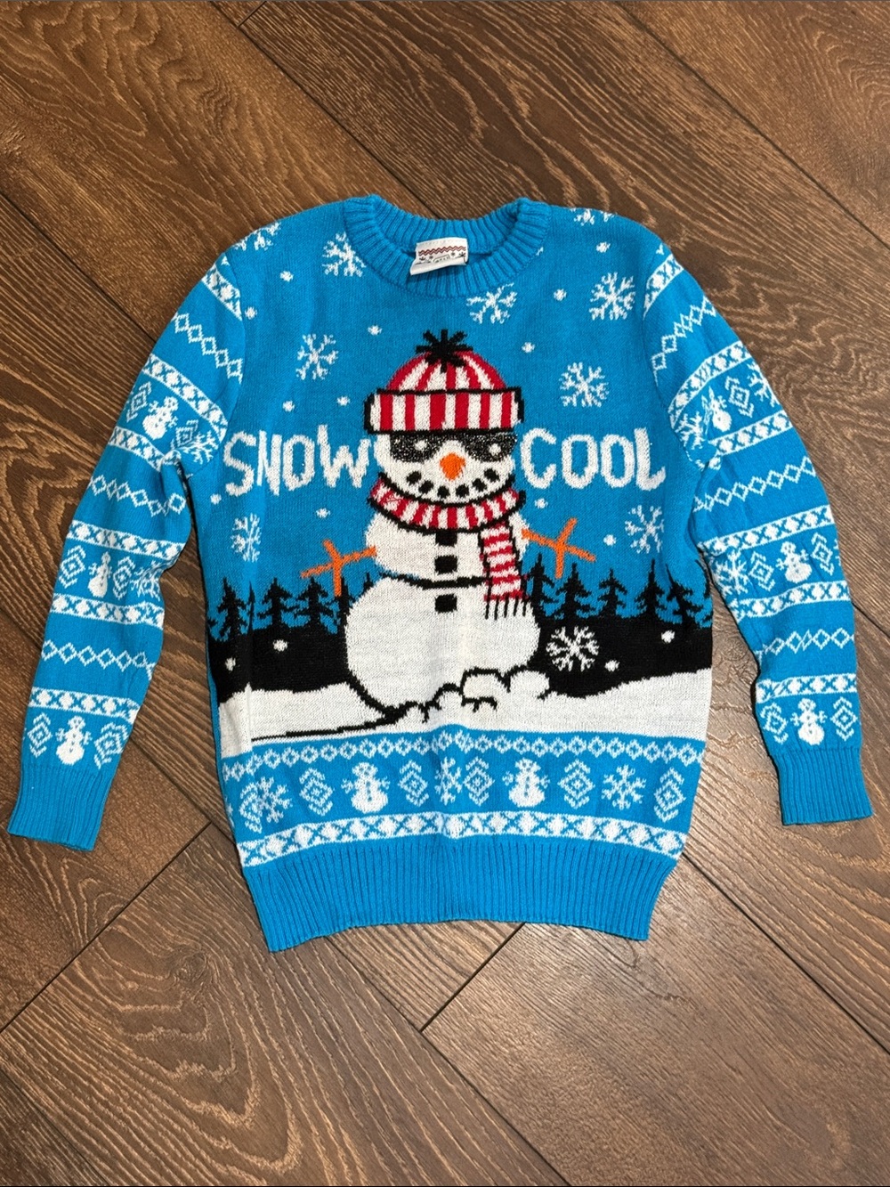 Snow Cool Blue Snowman Holiday Sweater - boys size small